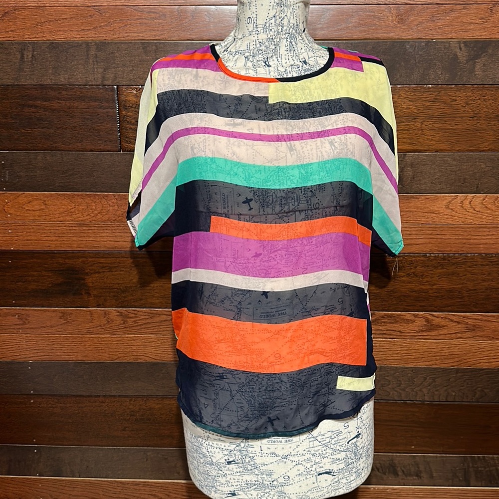 No Brand Tag Scoop Neck Short Dolman Sleeve Multi Colored Striped Sheer Blouse